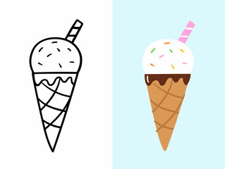Hand drawn vanilla ice cream in cone. Vector illustration.