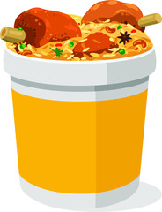Vector illustration of Mutton Bucket Biryani, Indian biryani arranged in a yellow bucket container with white textured background.