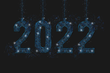 Abstract isolated blue image of new year number 2022. Polygonal low poly wireframe illustration looks like stars in the blask night sky in spase or flying glass shards. Digital web, internet design. © Katsiaryna