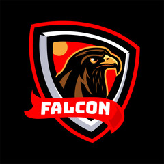 Falcon head with red ribbon mascot logo