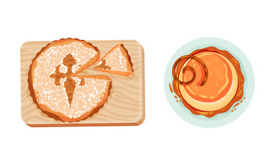Sponge Cake with Powdered Sugar and Pudding Dessert as Served Spanish Cuisine Dish Above View Vector Set