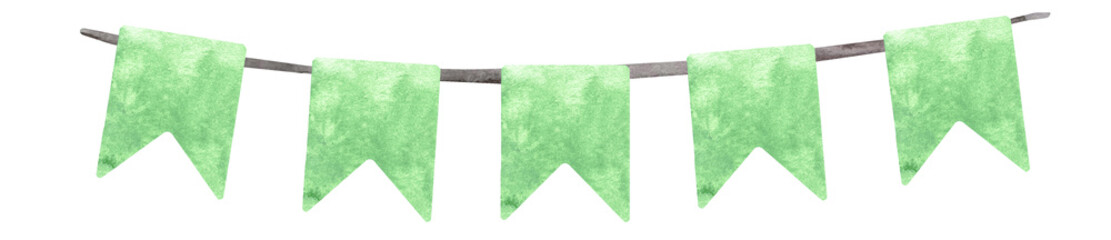 Watercolor holiday tender green flags and garlands on white background