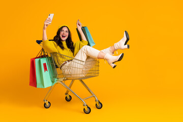 White excited woman taking selfie on cellphone in shopping cart © Drobot Dean