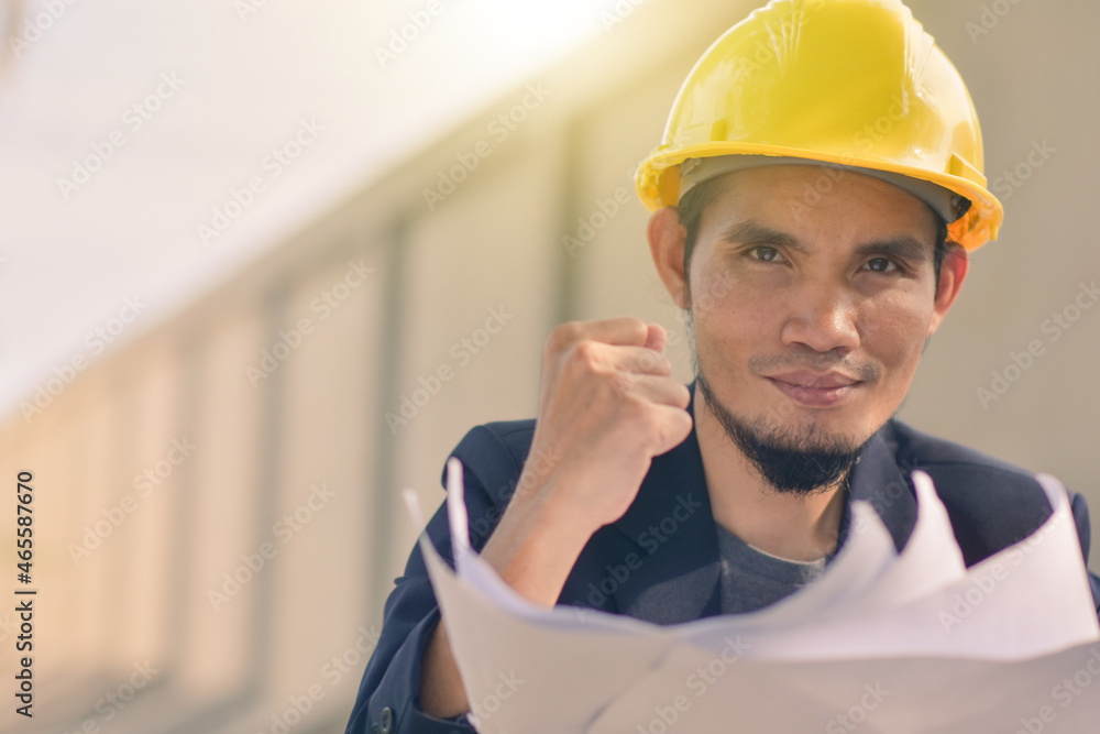 Poster worker engineer engineering work with blue print architecture design