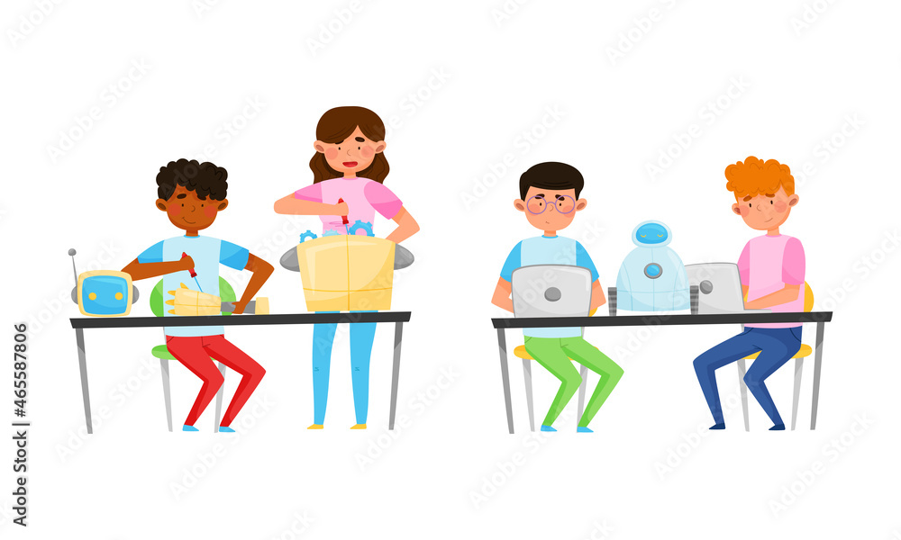 Poster young boy and girl at table engineering and configurating robot vector set