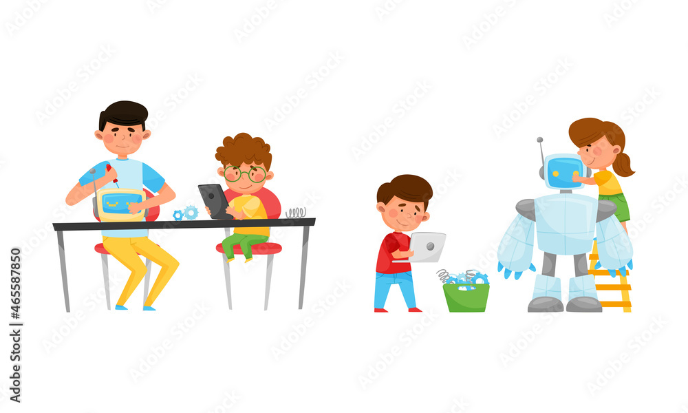 Poster little boy and girl at table engineering and configurating robot with tablet vector set