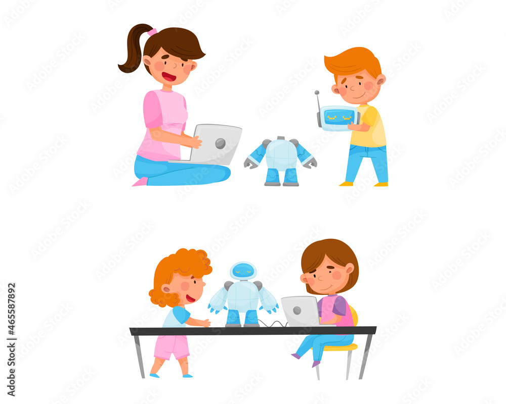 Poster little boy and girl at table engineering and configurating robot with laptop vector set