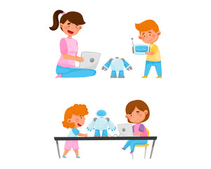 Little Boy and Girl at Table Engineering and Configurating Robot with Laptop Vector Set