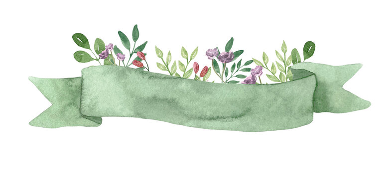 Watercolor green rolled ribbons with flowers. green abstract ribbons banners green leaves.