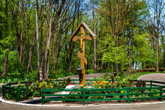 Kiev Ukraine April 20, 2021. Christian Orthodox Cross to the Victims of Mass Repressions Babin Yar. Monument to the victims. Holocaust. Day of Remembrance.