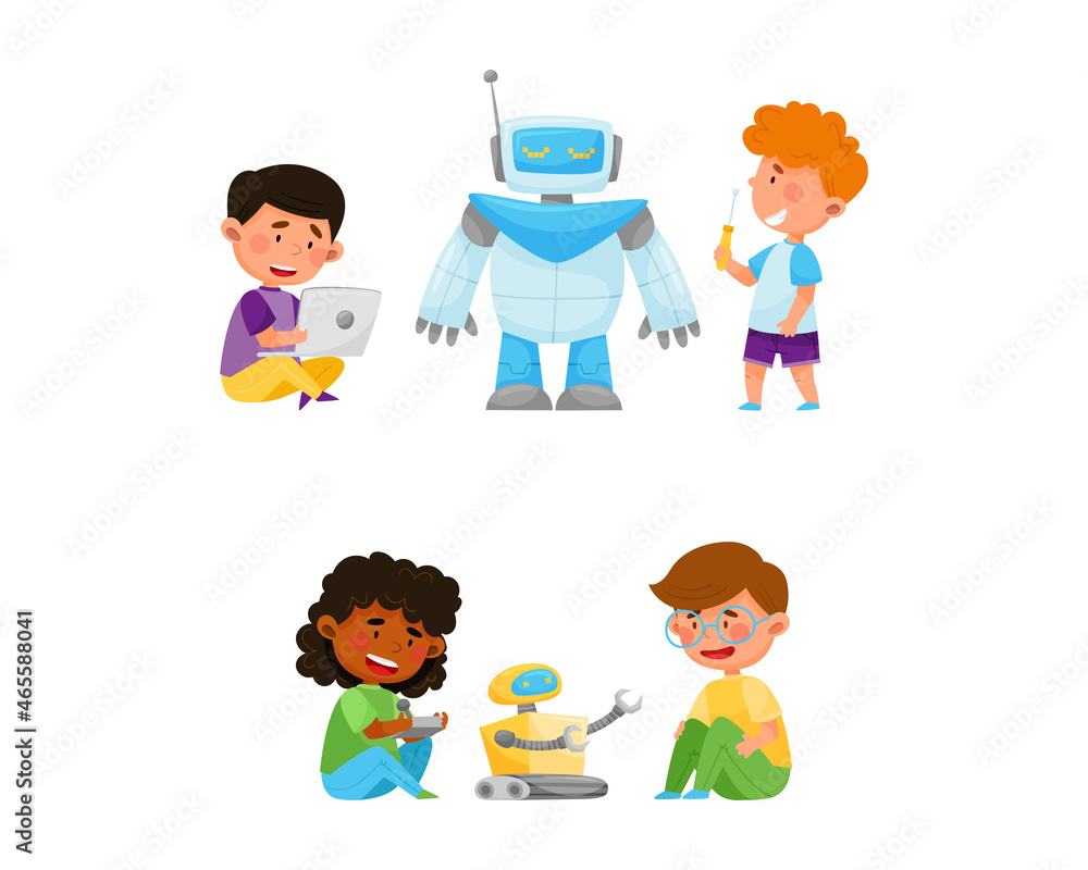 Poster little boy and girl at table engineering and configurating robot vector set