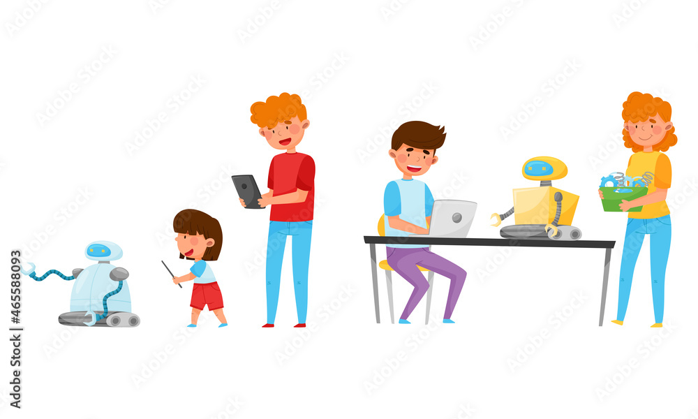 Poster young boy and girl at table engineering and configurating robot vector set