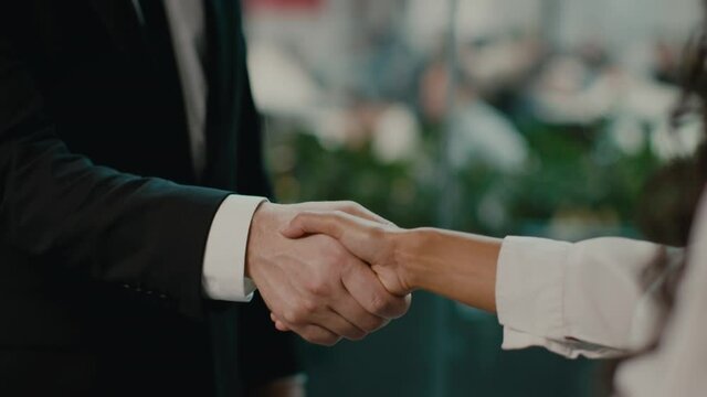Businessman And Businesswoman Shaking Hands In Agreement In Office, Cropped