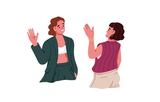 People Gesturing Hi, Saying Hello. Two Women Meeting And Greeting Each Other, Waving With Hand. Happy Female Friends Welcoming Communication. Flat Vector Illustration Isolated On White Background