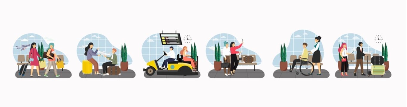 Tourists in airport waiting hall. Passengers with luggage sitting, walking, vector illustration. Travel by plane concept