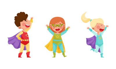 Cute Boy and Girl Wearing Superhero Costume Pretending to Have Super Power Vector Set
