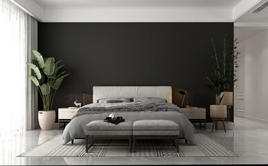 Modern black bedroom and empty wall texture background interior design
