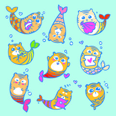 Mermaid tiger vector symbol of the year 2022 cute kids comic girl stripes fish tail cute mammal isolated set fairy magic