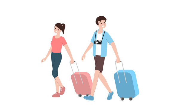 Group of young tourist characters. Traveling tourists with travel backpack going on vacation trip after covid-19 virus was diminish. Vacation people isolated vector. Summer character, woman and man.
