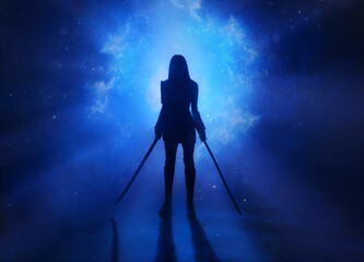 Dark black silhouette of a fantasy woman warrior assassin holding two katana swords. Dark background with bright blue light fairy tale portal to a parallel futuristic universe. Neon flash warrior girl