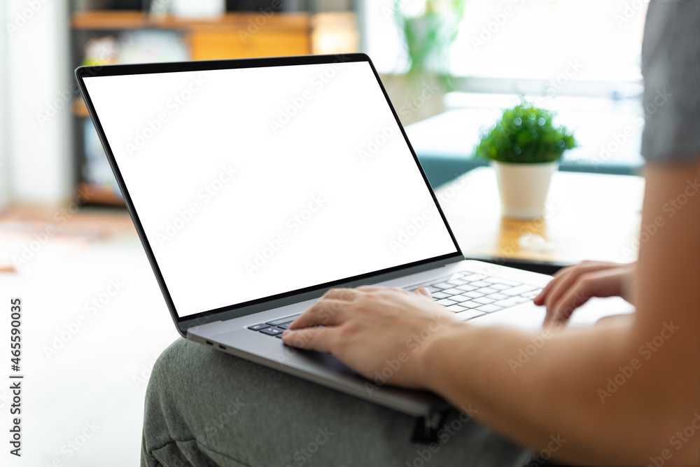 Poster man using laptop blank screen while sitting on sofa