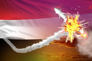 Yemen intercepted supersonic missile, modern antirocket destroys enemy missile concept, military industrial 3D illustration with flag