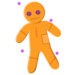 A voodoo doll. Scary mystical doll for human control. Voodoo magic with needles. Vector illustration isolate in cartoon style. A toy pierced with needles, the curse of a man.