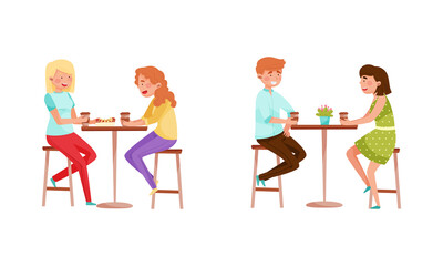 Man and Woman Sitting at Street Food Cafe Table Eating Hot Dog and Drinking Coffee Vector Set