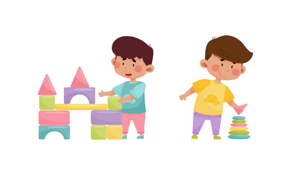 Little Boy Playing with Toy Blocks and Pyramid in Playroom Vector Set