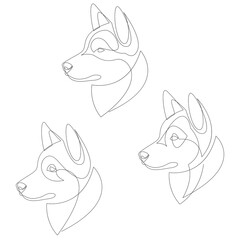 Siberian Husky dog portrait set. Continuous line. Dog line drawing. Vector one line illustration.