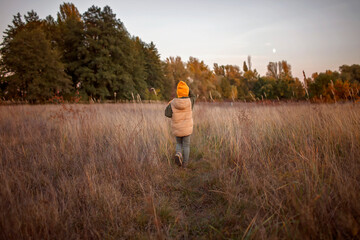 Little boy runs along path through a dry meadow over beautiful autumn forest background, feel free...