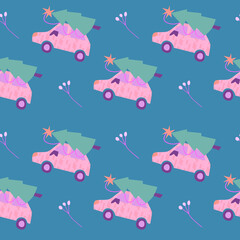 Christmas seamless pattern with a car