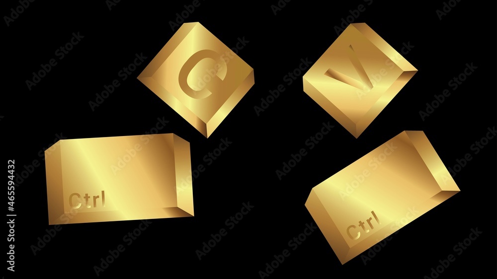 Poster keyboard keys Ctrl C and Ctrl V, copy and paste the key shortcuts. Gold computer icon on black background