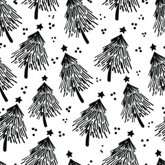 Winter graphic seamless pattern with christmas trees. Hand drawn vector illustration. Wrapping paper Christmas.