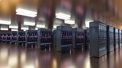 Server. Server room data center. Backup, mining, hosting, mainframe, farm and computer rack with storage information. 3d render