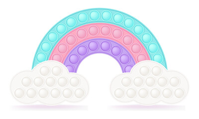 Popit rainbow on the clouds as a fashionable silicon fidget toys. Addictive antistress toy for fidget in pastel colors. Bubble sensory popit for kids fingers. Vector illustration isolated.
