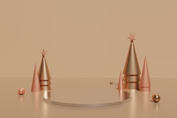 3d render of beige podium and peach and gold cone Christmas trees with spheres on a mocha background