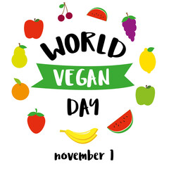 Illustration of World Vegetarian Day for social media post , postcard, banner, greetingcard, emblem, sticker, flyer. World Vegan Day poster.  1 november