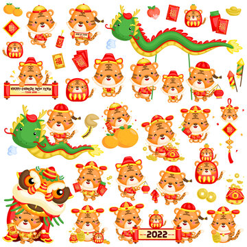 A vector set of tiger in Chinese new year celebration costume and items 