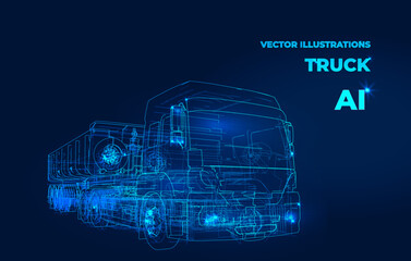 Polygonal 3d truck with smartphone in dark blue background. Online cargo delivery service, logistics or tracking app concept. Abstract vector illustration of online freight delivery service