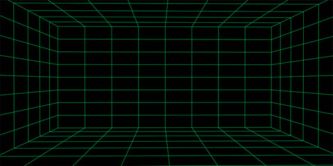 3D wireframe room mesh on green background. Abstract perspective grid. Vector illustration.
