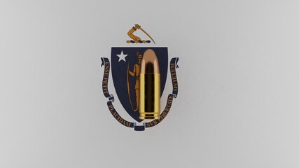 Top down view of a 9mm bullet in the center and on top of the US state flag of Massachusetts