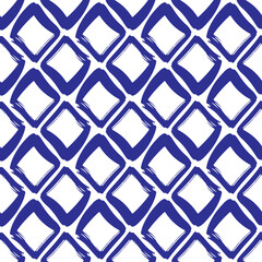 Blue ink contour rhombuses isolated on white background. Monochrome geometric seamless pattern. Vector simple flat graphic hand drawn illustration. Texture.