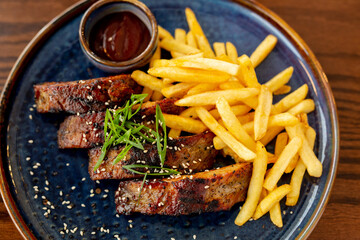 European Mediterranean salad of seasonal vegetables. Salad of tomatoes, cucumbers and fresh herbs with olive oil. Concept menu of summer cafe