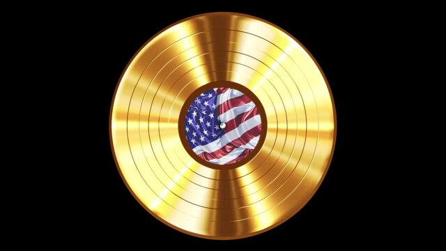 Realistic seamless looping 3D animation of the gold record with stylized United States of America flag label rendered in UHD with alpha matte