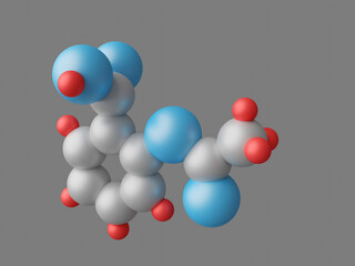 Three-dimensional abstract model of the molecule of acetylsalicylic acid on a gray background. 3D render.