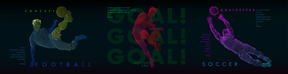 A set of football, soccer players drawing by color lines with text