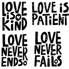 vector handwritten lettering of four Christian inscriptions on the theme of love in black
