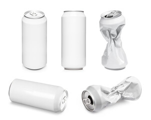 Collection of aluminum cans, isolated on white background