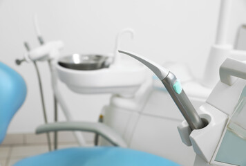 Professional equipment in dentist's office, space for text